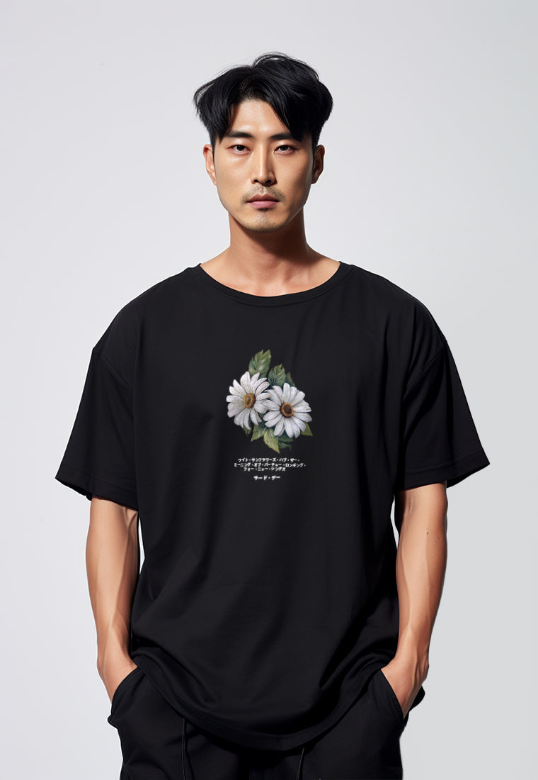 MTT63 Kaos gambar bunga oversize scuba "two daisies" hitam