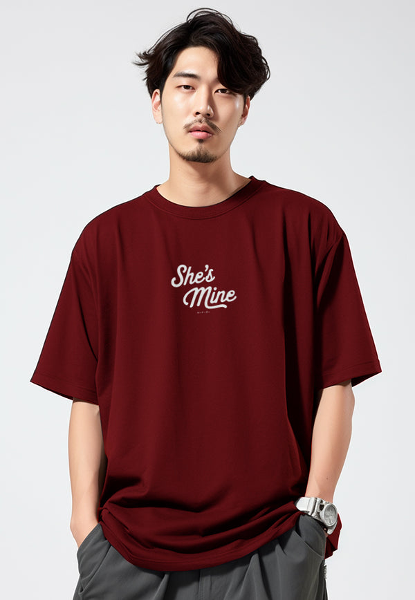 MTU20 kaos couple pasangan oversize bahan tebal scubalux "she's mine" merah maroon