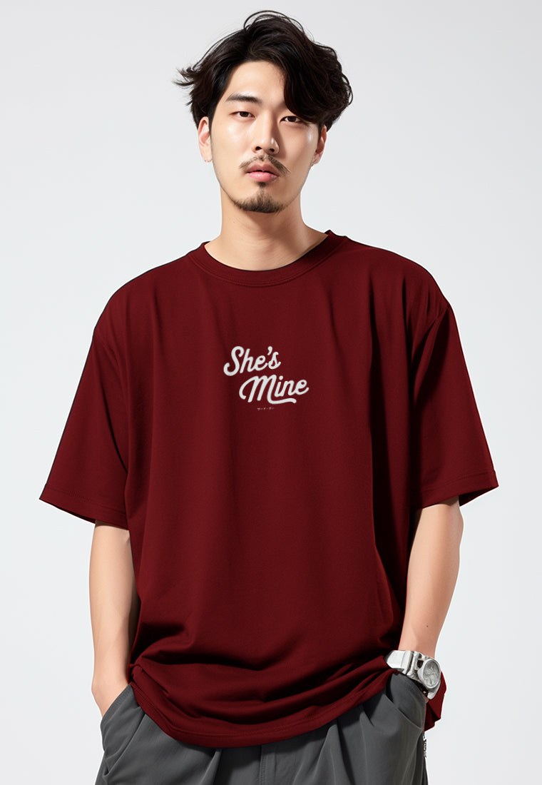 MTU20 kaos couple pasangan oversize bahan tebal scubalux "she's mine" merah maroon