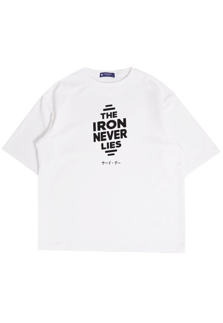 MTU67 Kaos Oversize Gym Bahan Scuba "iron never lies" putih