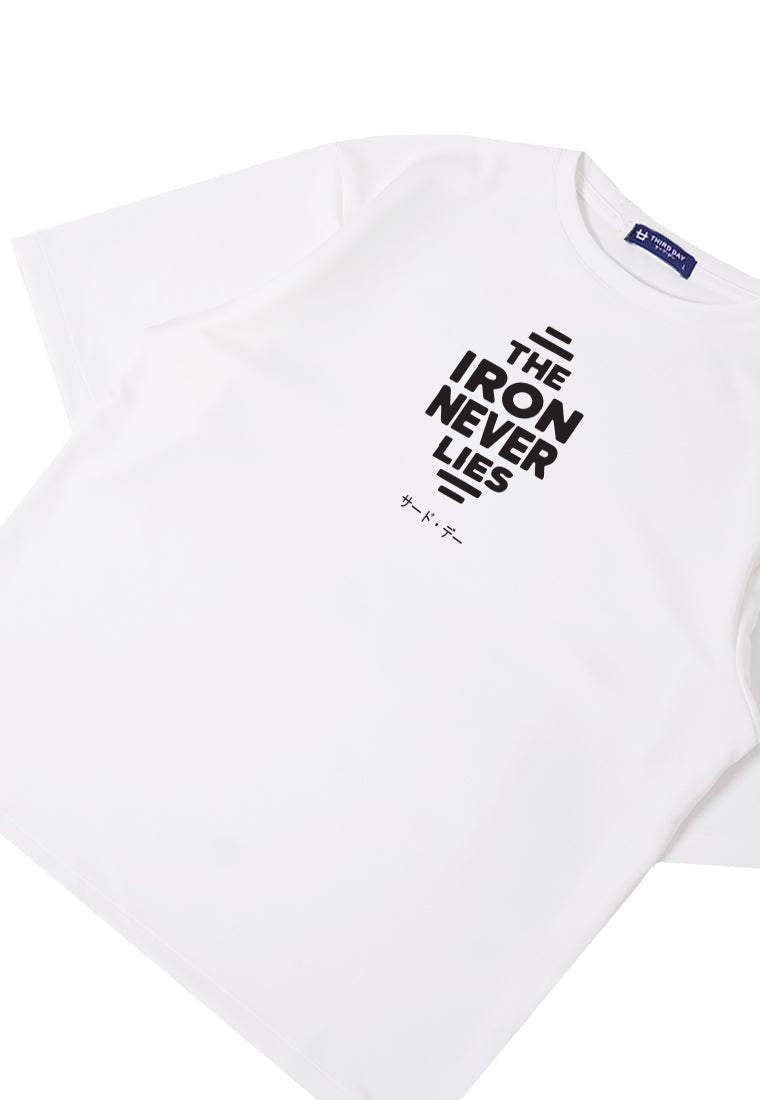 MTU67 Kaos Oversize Gym Bahan Scuba "iron never lies" putih