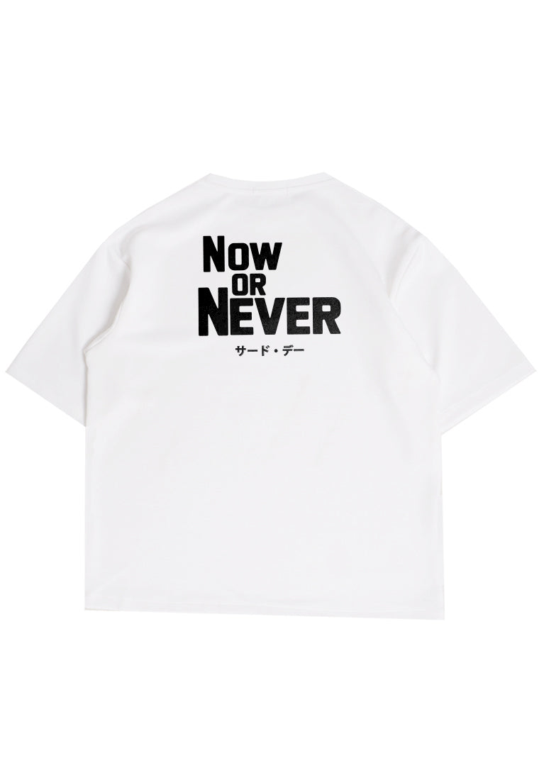 MTV03 Kaos Oversize Bahan Scuba Tebal "now or never" putih