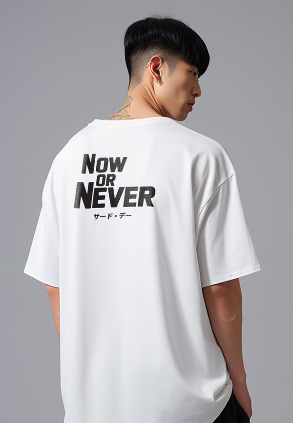 MTV03 Kaos Oversize Bahan Scuba Tebal "now or never" putih