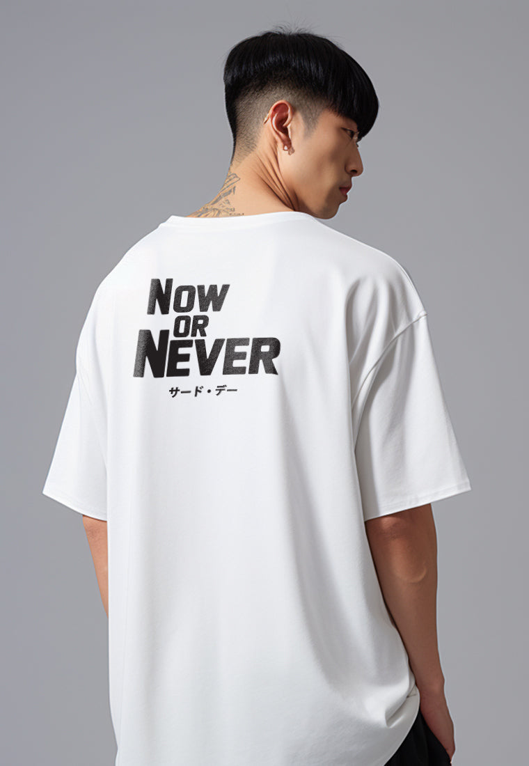 MTV03 Kaos Oversize Bahan Scuba Tebal "now or never" putih