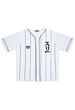 MTV05 Kaos Baseball Jersey Hitam Garis Logo 3 Katakana putih