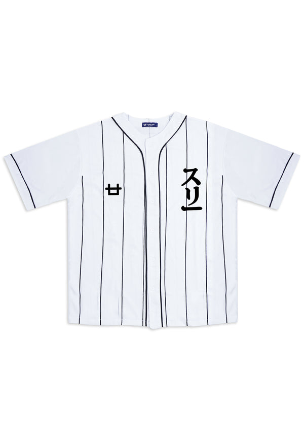 MTV05 Kaos Baseball Jersey Hitam Garis Logo 3 Katakana putih