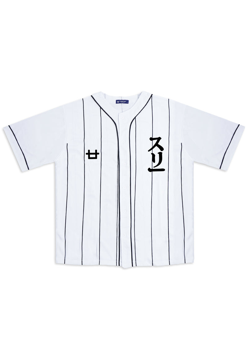 MTV05 Kaos Baseball Jersey Hitam Garis Logo 3 Katakana putih