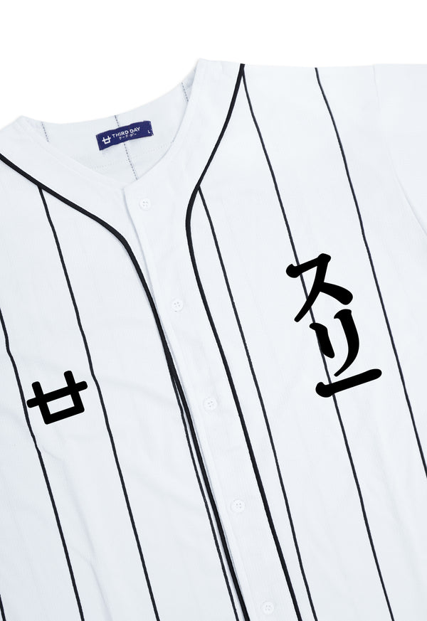 MTV05 Kaos Baseball Jersey Hitam Garis Logo 3 Katakana putih