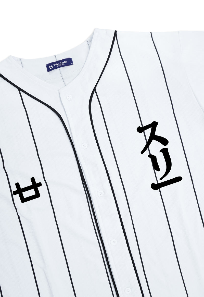 MTV05 Kaos Baseball Jersey Hitam Garis Logo 3 Katakana putih