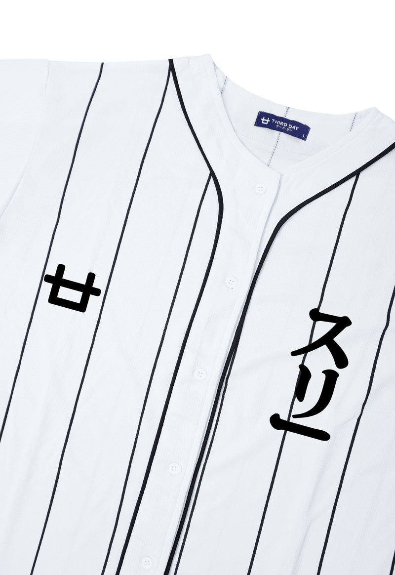 MTV05 Kaos Baseball Jersey Hitam Garis Logo 3 Katakana putih