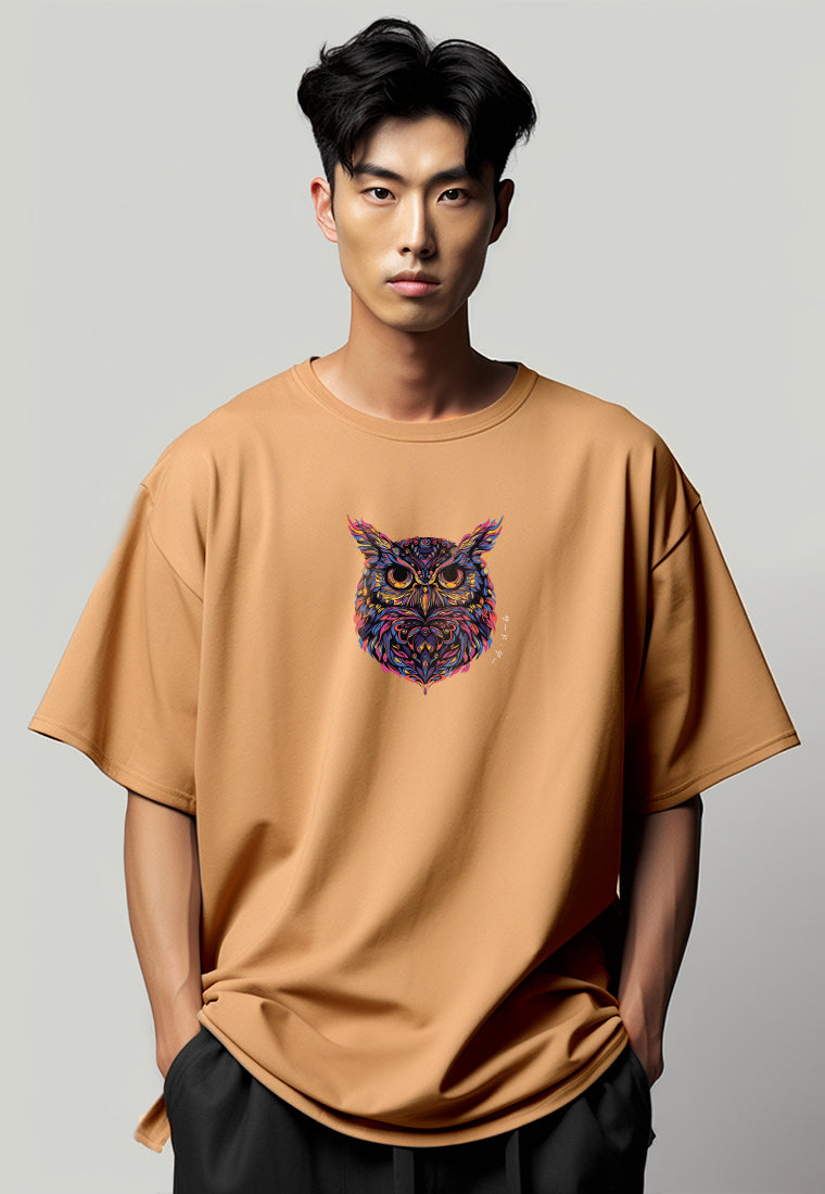 MTV79 Kaos Oversize Gambar Burung Hantu Owl Bahan Tebal Scuba "owl katakana" Khaki