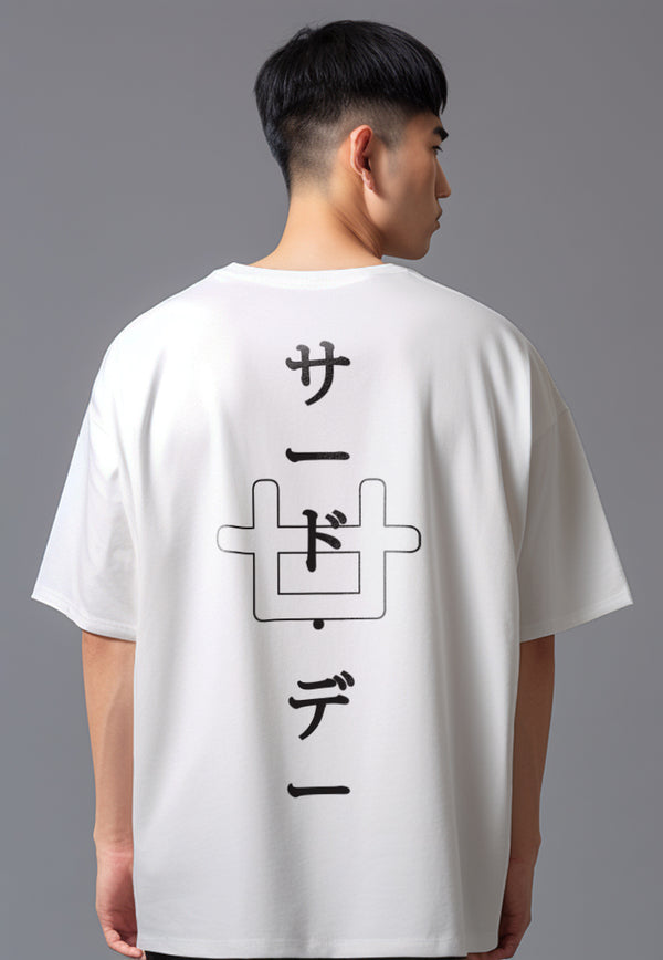 MTV98 Kaos Oversize Pria Gambar Belakang Bahan Tebal Scuba "katakana logo" putih