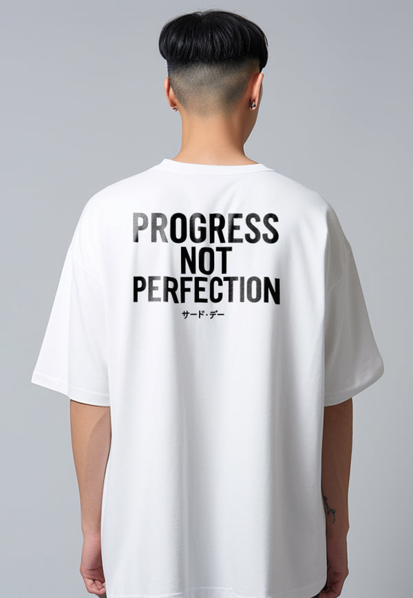 MTW09 Kaos Oversize Gym Bahan Scuba Tebal Scubalux "progress not perfection" putih