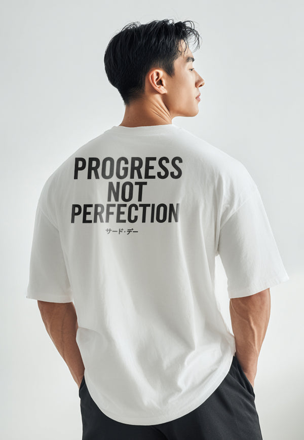 MTW09 Kaos Oversize Gym Bahan Scuba Tebal Scubalux "progress not perfection" putih
