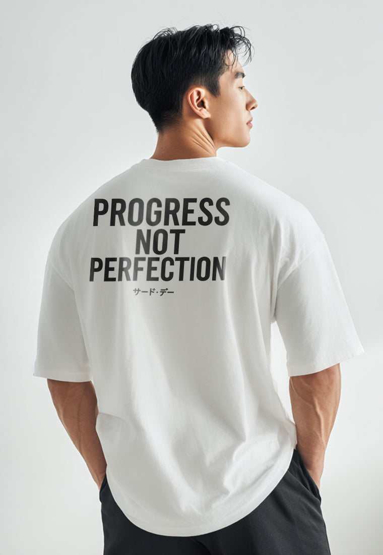 MTW09 Kaos Oversize Gym Bahan Scuba Tebal Scubalux "progress not perfection" putih