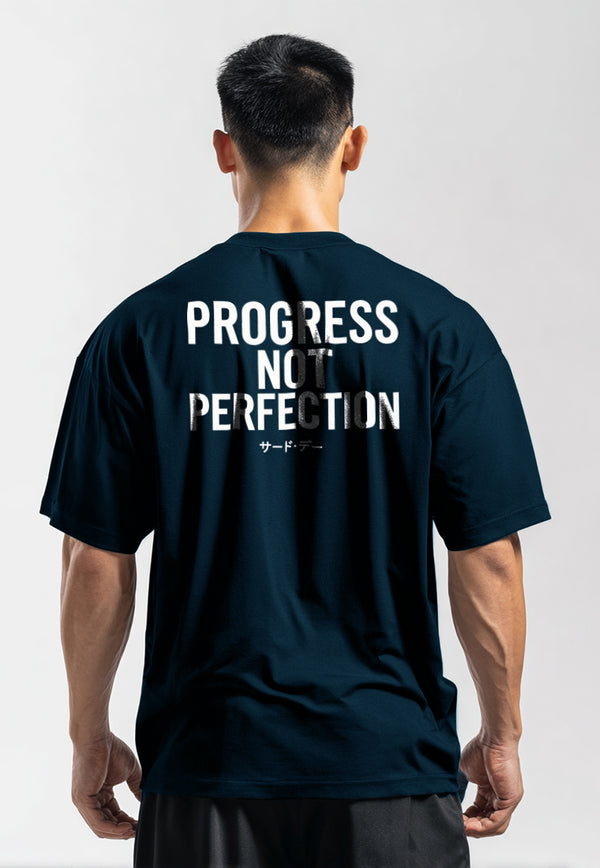MTW10 Kaos Oversize Gym Bahan Scuba Tebal Scubalux "progress not perfection" navy