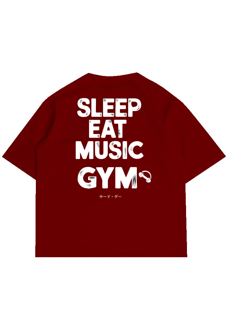 MTW24 Kaos Oversize Gym Bahan Tebal Scuba "sleep eat music gym" maroon