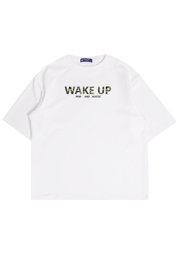 MTW55 Kaos Oversize Aesthetic Bahan Tebal "wake up" putih