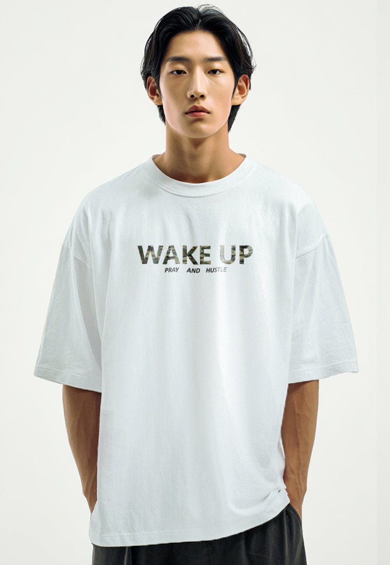MTW55 Kaos Oversize Aesthetic Bahan Tebal "wake up" putih
