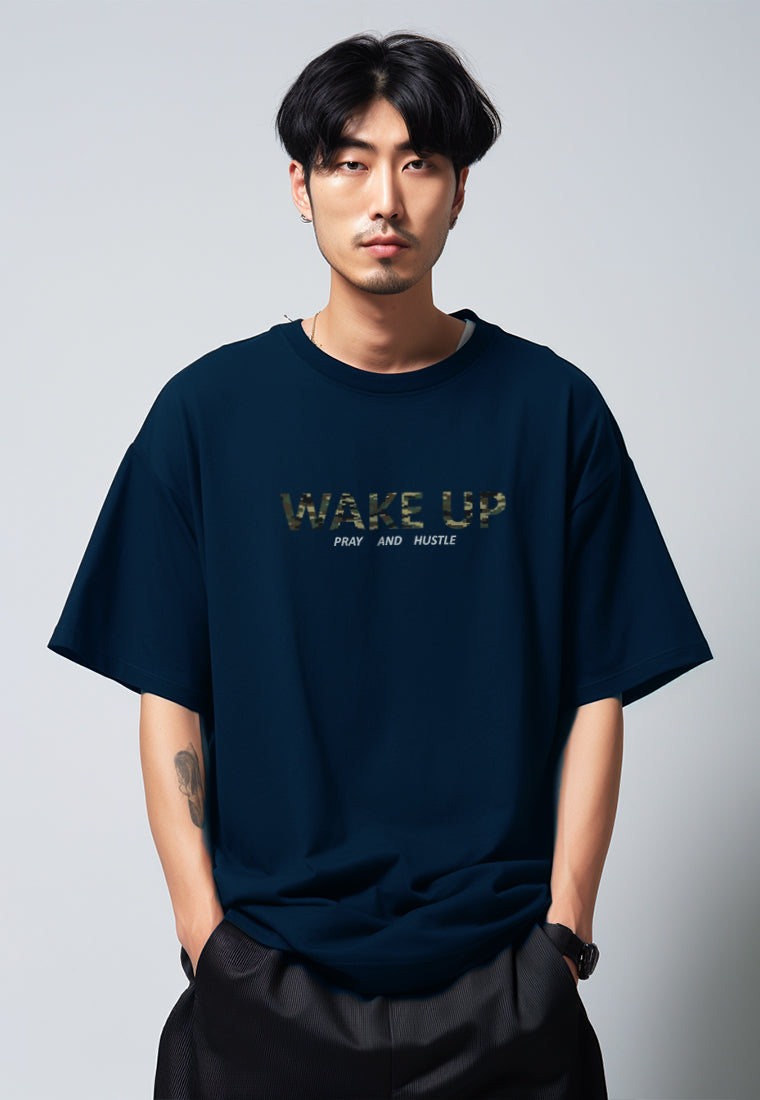 MTW57 Kaos Oversize Aesthetic Bahan Tebal "wake up" navy