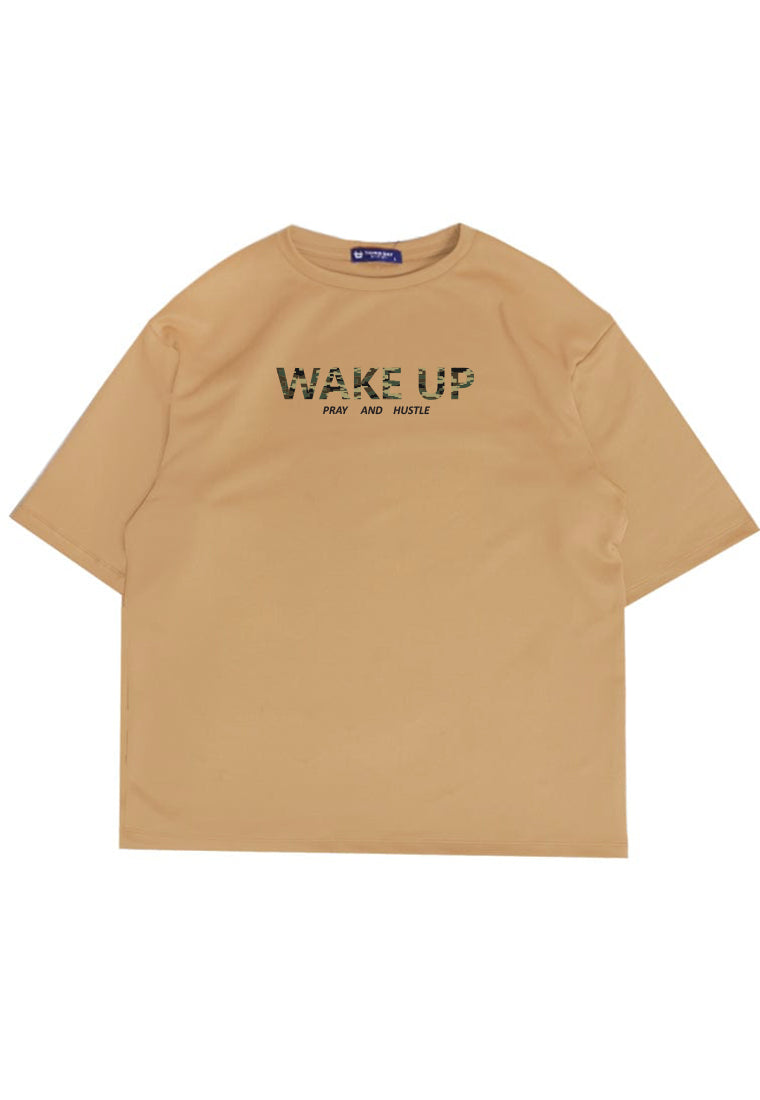 MTW58 Kaos Oversize Aesthetic Bahan Tebal "wake up" khaki