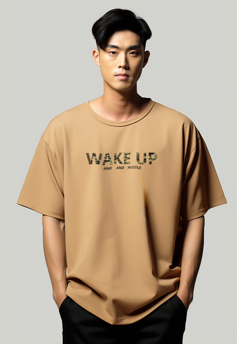 MTW58 Kaos Oversize Aesthetic Bahan Tebal "wake up" khaki