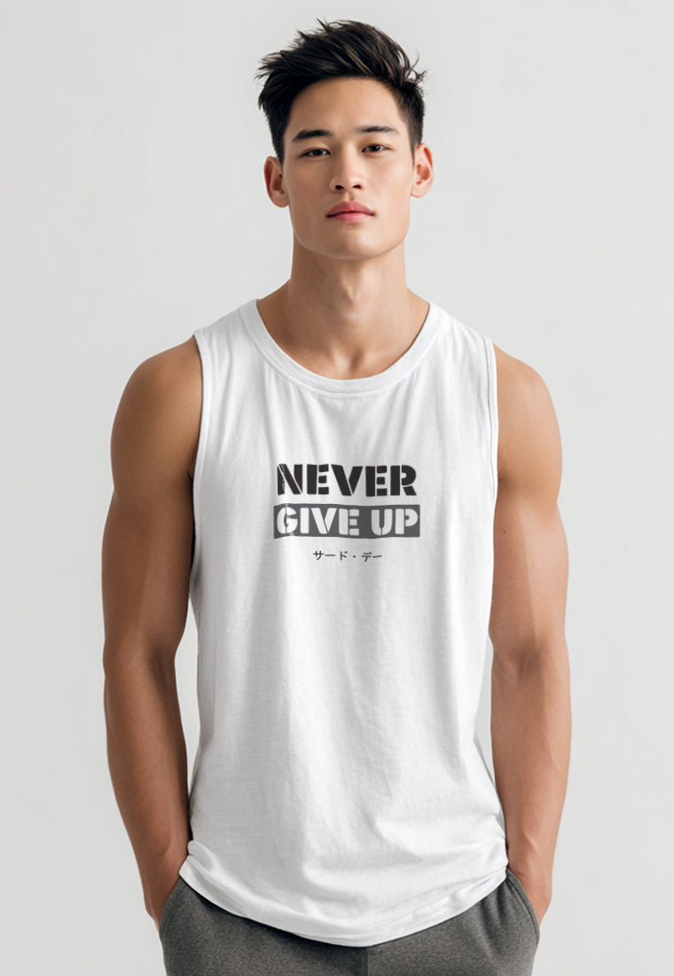 MTW77 Kaos Kutung Tank Top Instacool "never give up" putih