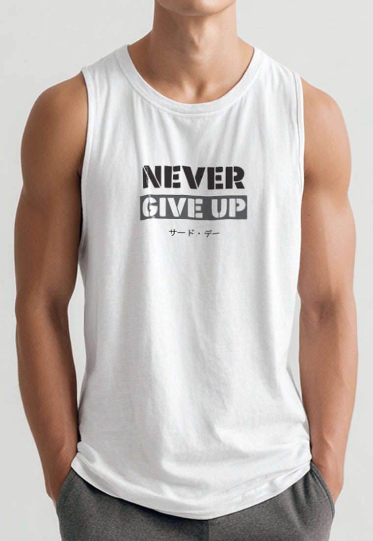 MTW77 Kaos Kutung Tank Top Instacool "never give up" putih