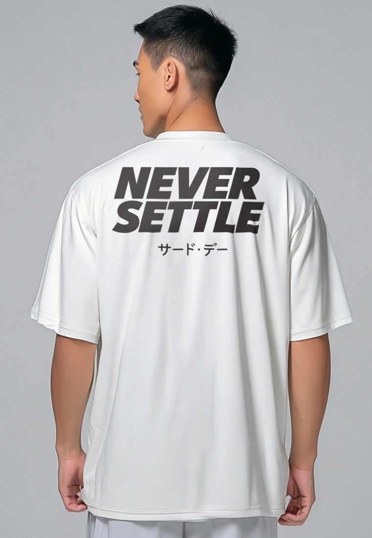 MTX43 Kaos Oversize Gym Bahan Tebal ScubaLux "never settle" putih