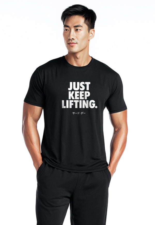 MTX47 Kaos Tema Gym Pria Instacool "just keep lifting" hitam