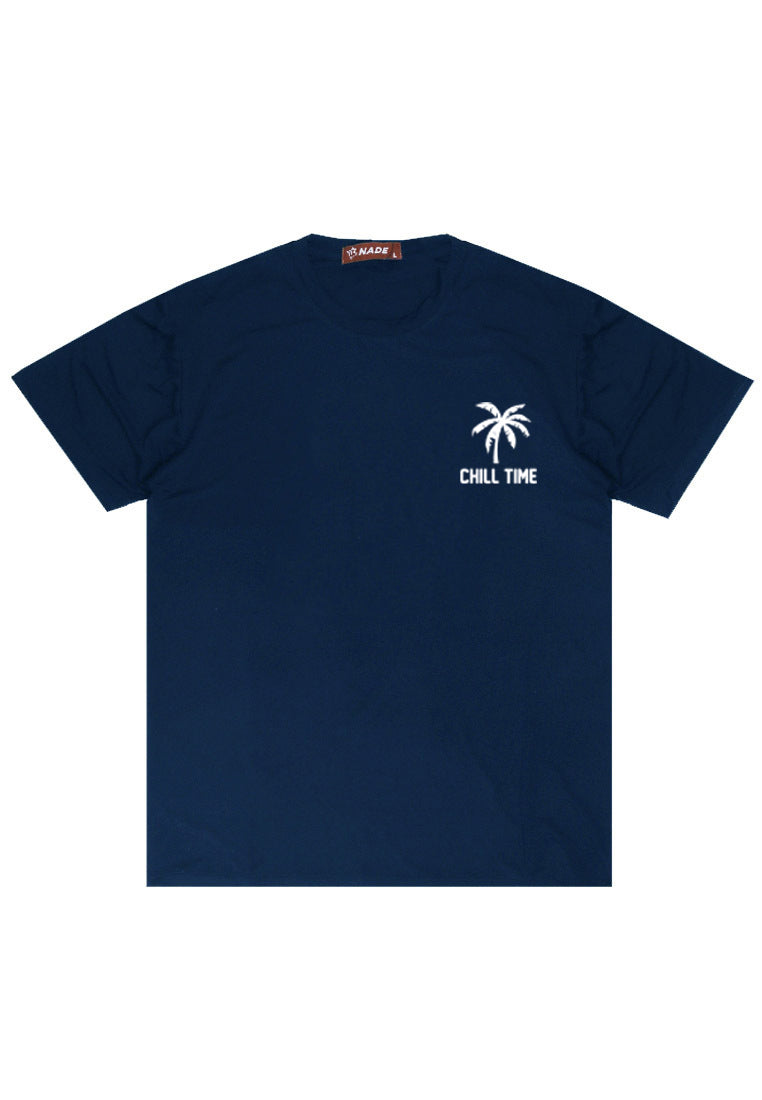 NTD42 Nade kaos pria lentur simple murah ketat keren untuk travelling slimfit stretch body "chill time" navy