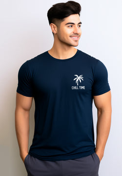 NTD42 Nade kaos pria lentur simple murah ketat keren untuk travelling slimfit stretch body "chill time" navy