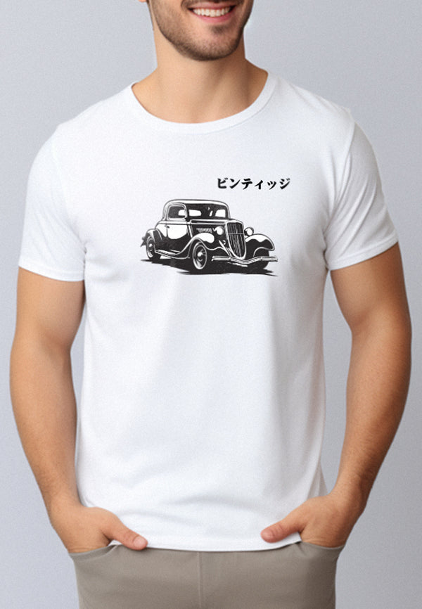 NTD58 kaos pria simpel vintage distro "mobil antik hitam" putih