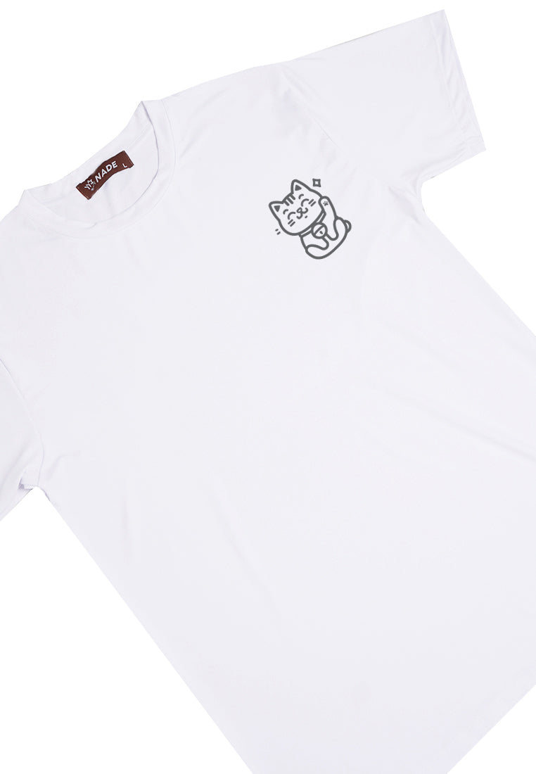 NTD63 Kaos Stretch Anti Kusut Gym Lycra Instadry "Lucky Cat" Putih