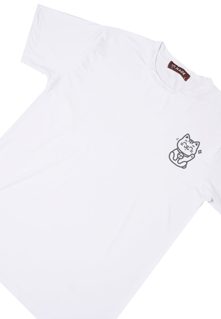 NTD63 Kaos Stretch Anti Kusut Gym Lycra Instadry "Lucky Cat" Putih