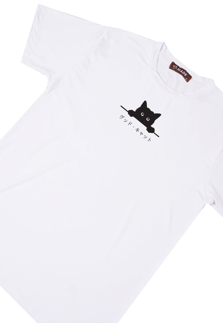 NTD71 kaos gambar kucing lengan pendek anti kusut ringan stretch "black cat peek" putih