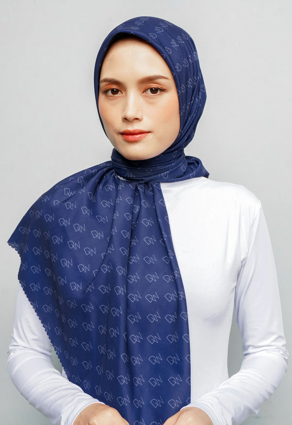 WK077 Kerudung Segi Empat Warna Navy Hijab Motif Premium Anti Mleyot Anti Kusut Anti Lecek Navy