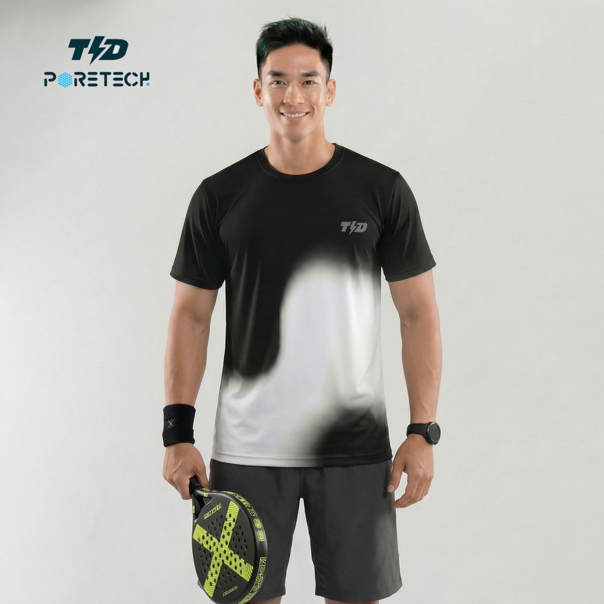 TDACTIVE Jersey Padel Pria PoreTech | cepat kering , berpori dan ringan | White flow black white MSB61