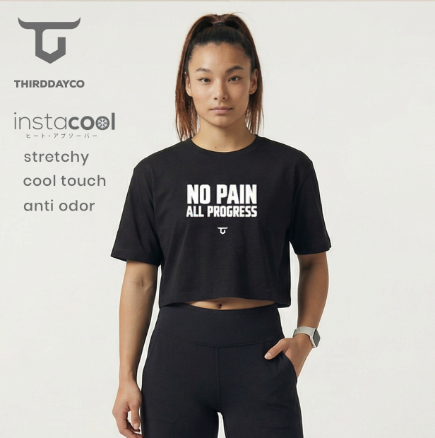 THIRDDAY Kaos Crop Oversize Gym Wanita - no pain all progress - OLC hitam LTH37