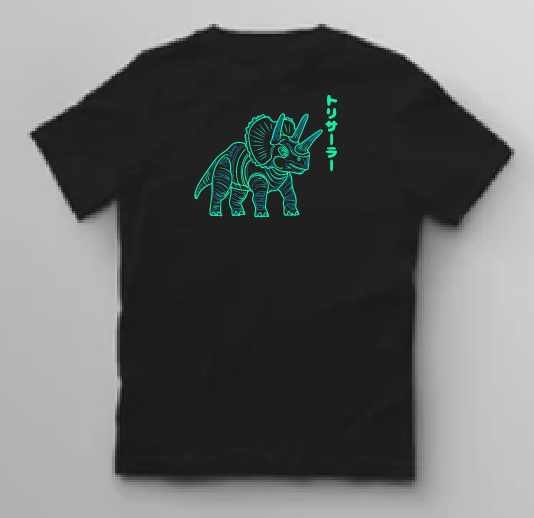 KU060 Kaos Anak Boy Girl neon triceratops hitam