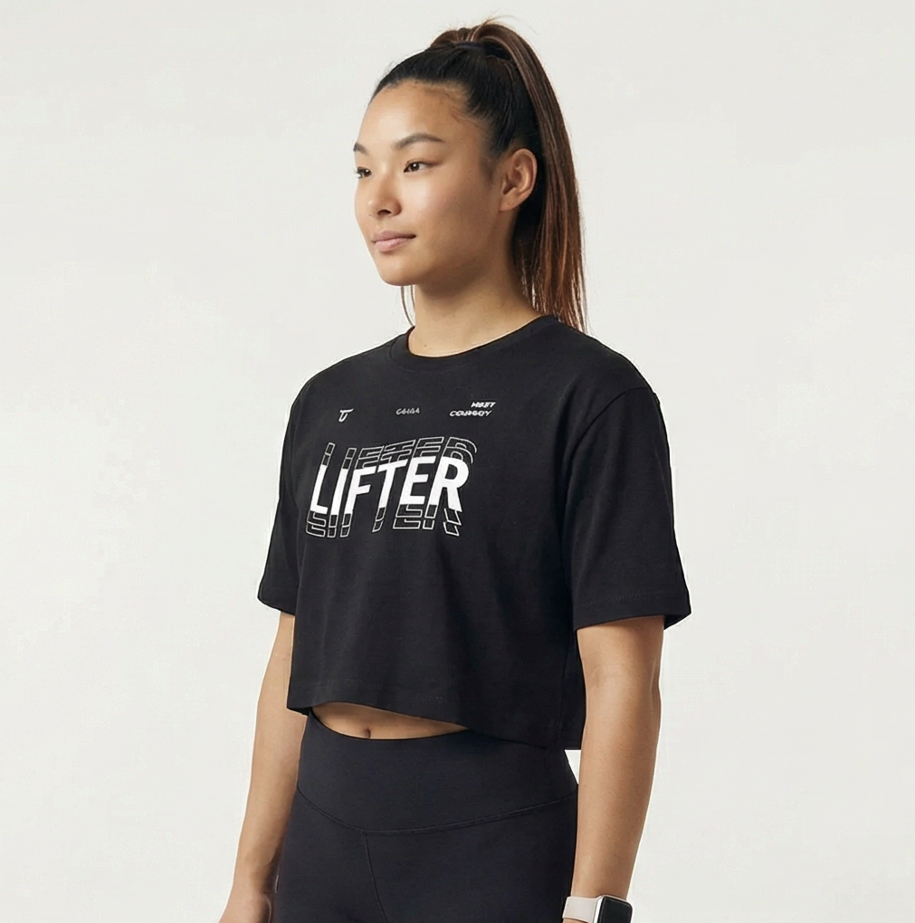 THIRDDAY Kaos Crop Oversize Gym Wanita - lifter repeat - OLC hitam LTH39