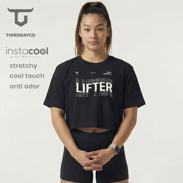 THIRDDAY Kaos Crop Oversize Gym Wanita - lifter repeat - OLC hitam LTH39