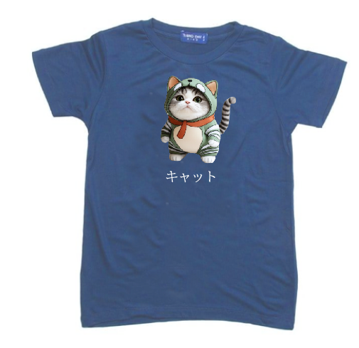 KU080 Kaos Anak Instacool "mofu cat mouse" biru denim