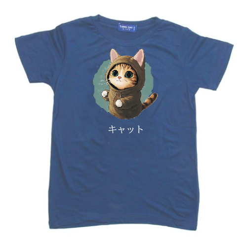 KU081 Kaos Anak Instacool "hoodie cat" biru denim
