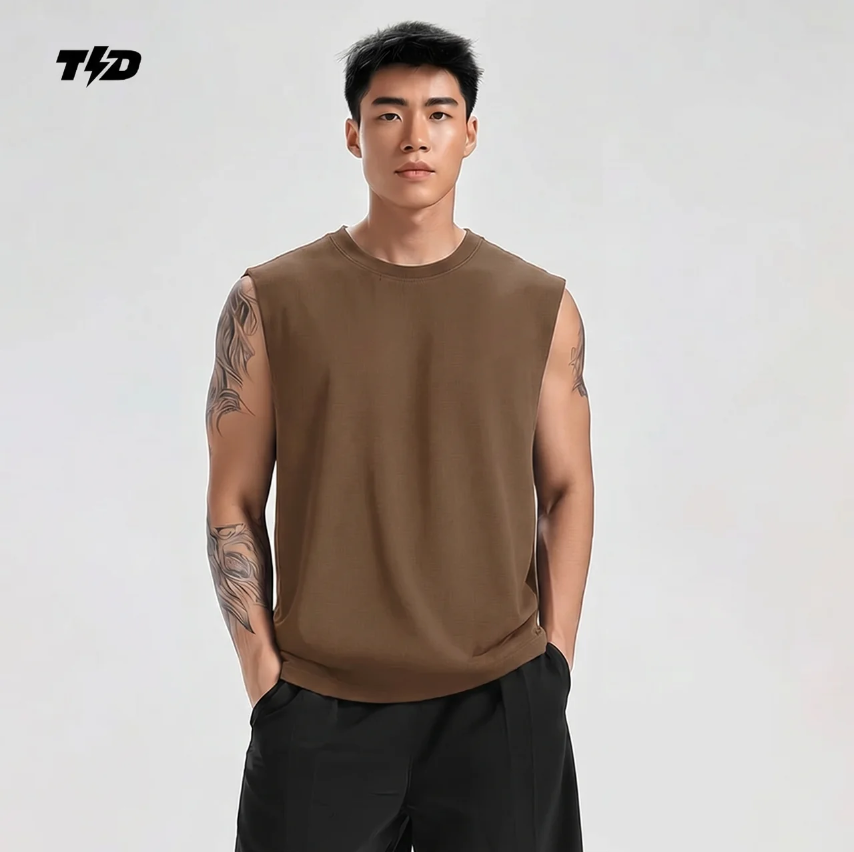 TDActive Kaos Gym Pria Tanpa Lengan Kalcer – Cloud Cotton Ringan Adem Drifit Lari - coklat - Easy Run Everyday MSB71