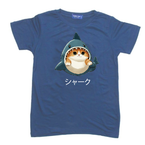 KU084 Kaos Anak Instacool "shark cat" biru denim