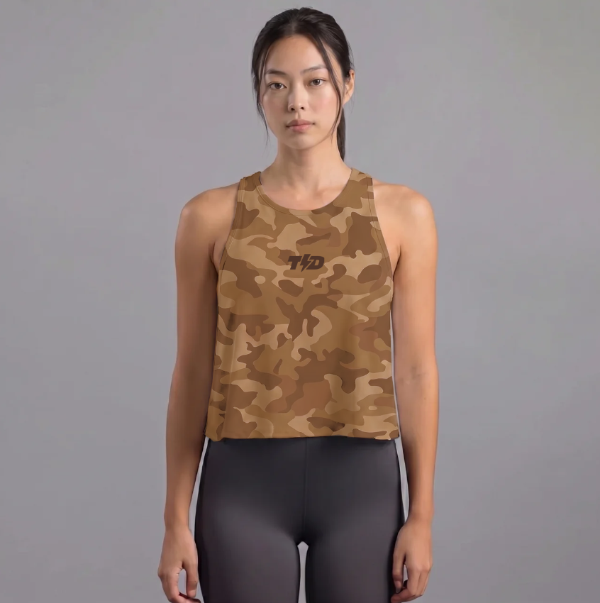 TDACTIVE Crop Tank Top Wanita Motif Camo Gym Running Training Stretch Ringan Quick Dry - brown LSF98
