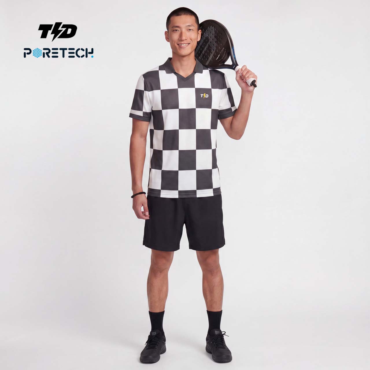 TDACTIVE Jersey Padel Pria Kaos Polo Olahraga Pria PoreTech Adem Seperti Katun Cepat Kering Padel Tenis Badminton - Checkerboard Abu MSB78