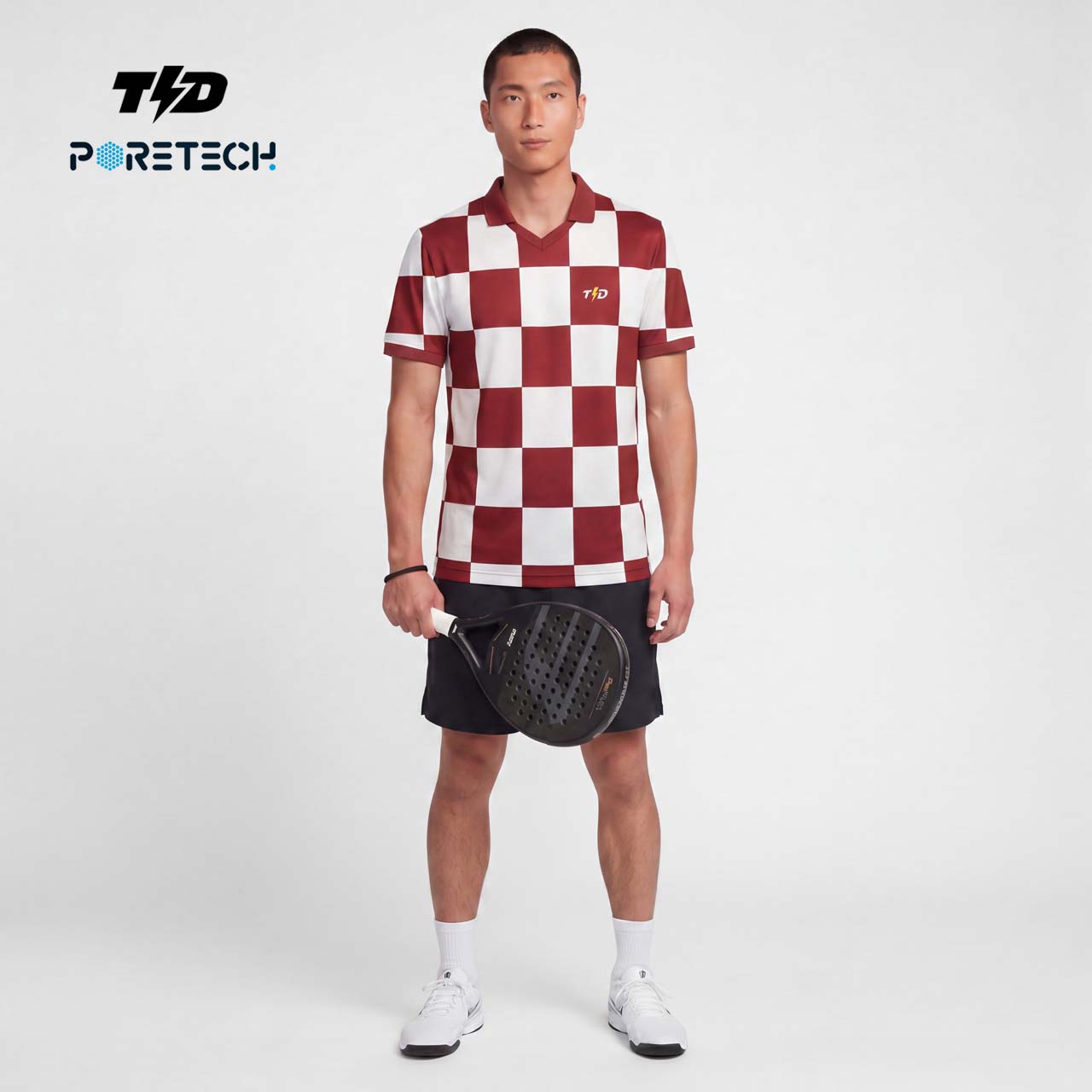 TDACTIVE Jersey Padel Pria Kaos Polo Olahraga Pria PoreTech Adem Seperti Katun Cepat Kering Padel Tenis Badminton - Checkerboard Maroon MSB79