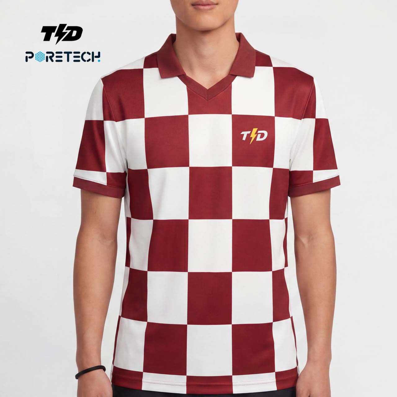 TDACTIVE Jersey Padel Pria Kaos Polo Olahraga Pria PoreTech Adem Seperti Katun Cepat Kering Padel Tenis Badminton - Checkerboard Maroon MSB79